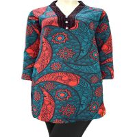 Sea Green & Coral Printed Black Velvet High Collar Buttoned Woolen Kurti