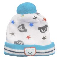 Sky Blue WhiteTeddy Star Design Applique Woolen Baby Cap
