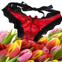 Slinky Red & Black Lace Style Ribbon Tanga Brief