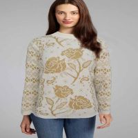 Snazzy White Print Knitted Crew Neck Pullover Sweater