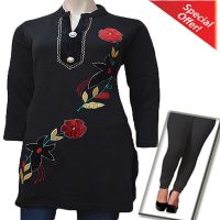 Special Offer-Beautiful Flower Velvet Work Black Full Sleeves Woolen Kurti with Winter Legging