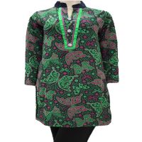 Startling Green Butterfly Print Black Velvet Nehru Collar Buttoned Placket Woolen Kurti
