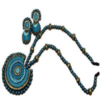 Terracotta Ring Pendant Ear Hangings & Blue Color Jewelry Set