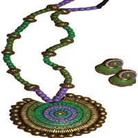 TerraCotta Ring Pendant & Ear Hangings Green Jewelry Set