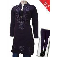 Velvet Work Dark Purple Buttoned Placket Woolen Kurti with Warm Legging Special Offer
