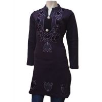 Velvet Work Dark Purple Buttoned Placket Woolen Kurti