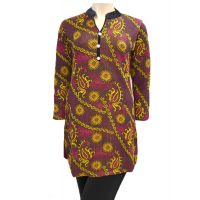 Yellow Flower Appliqué Black Nehru Collar Brown Buttoned Placket Woolen Kurti