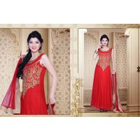 Pazaar Iris Coral Red Embroidered Party Lawn Kameez