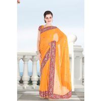 Pazaar Orange Peel Embroidered Party Saree With Zari Thread