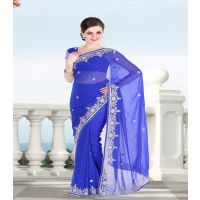 Pazaar Persian Blue Embroidered Party Saree With Zari Thread