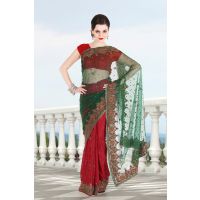 Pazaar Pine Green and Cardinal Red Embroidered Party Saree With Zari Thread