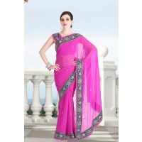 Pazaar Rose Pink Embroidered Party Saree With Zari Thread