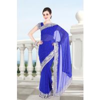 Pazaar Persian Blue Embroidered Party Saree With Zari Thread