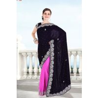 Pazaar Sapphire Blue and Fuchsia Pink Embroidered Party Saree With Zari Thread