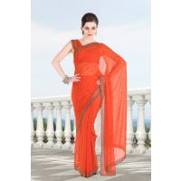 Pazaar Portland Orange Embroidered Party Saree With Zari Thread