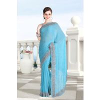 Pazaar Electric Blue Embroidered Party Saree With Zari Thread