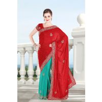 Pazaar Rose-madder Red and Persian Green Embroidered Party Saree With Zari Thread
