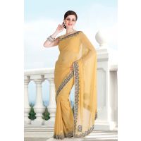 Pazaar Buff Yellow Embroidered Party Saree With Zari Thread