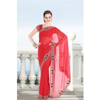 Pazaar Rose-madder Red Embroidered Party Saree With Zari Thread