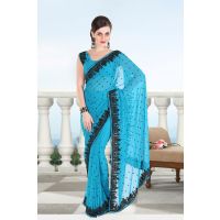 Pazaar Teal Blue Embroidered Party Saree With Zari Thread