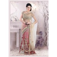 Pazaar Cream Yellow and Chestnut Red Embroidered Party Lehenga Saree