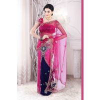 Pazaar Persian-rose Pink and Navy Blue Embroidered Party Lehenga  Saree 