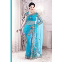 Pazaar Robin-egg Blue Embroidered Party Saree with zari thread, 