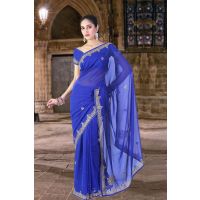 Pazaar Royal Blue Embroidered Party Saree With Zari Thread