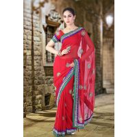 Pazaar Venetian Red  Embroidered Party Saree With Zari Thread