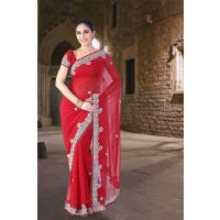 Pazaar Venetian Red Embroidered Party Saree With Zari Thread