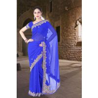 Pazaar Persian Blue Embroidered Party Saree With Zari Thread