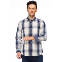 CAIRON NAVY BLUE BRUSHED CHECK CASUAL SHIRT