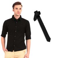 Seasons Men Black Casual Slim Fit Shirt Free Tie