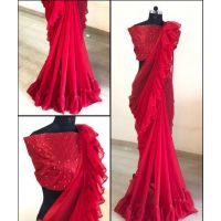 Classy Red Georgette Sarees with Ruffle