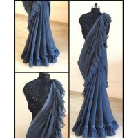 Grey Georgette Sarees with Ruffle