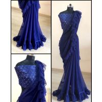 Classy Blue Georgette Sarees with Ruffle