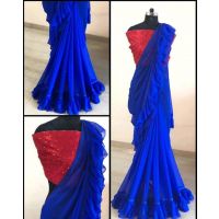 Blue Georgette Sarees with Ruffle