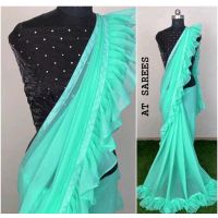 Aqua Blue Georgette Sarees with Ruffle