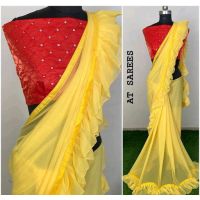 Yellow Red Georgette Sarees with Ruffle