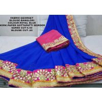 Paper Gota Patti Border Blue With Pipin Georgette Sarees