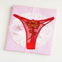 Hot Red Floral Embroidered Double String Thong