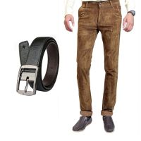 Seasons Khaki Slim Fit Corduroy Casual Trouser Free Belt