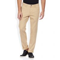 Beige Solid Flat Front Trouser