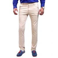 Beige Cotton Lycra Slim Fit Chinos Casual Trousers