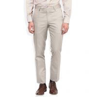 Beige Solid Flat Front Trousers