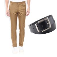 Parx Khaki Comfort Fit Trouser Free Belt