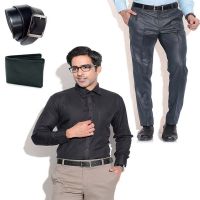 Combo of Blue Formal Trouser, Black Shirt, Belt & Wallet