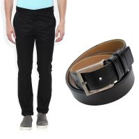 Parx Black Slim Fit Casual Trouser Free Belt