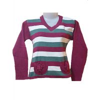 White Green Magenta Striped Full Sleeves Ribbed Front Pocket Pullover/Sweater