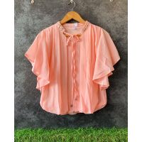 Coral Mirror Embroidery Knot Collar Balloon Top